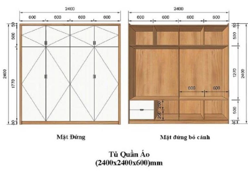 Kích thước tủ quần áo 4 cánh hiện đại, tiện lợi 1