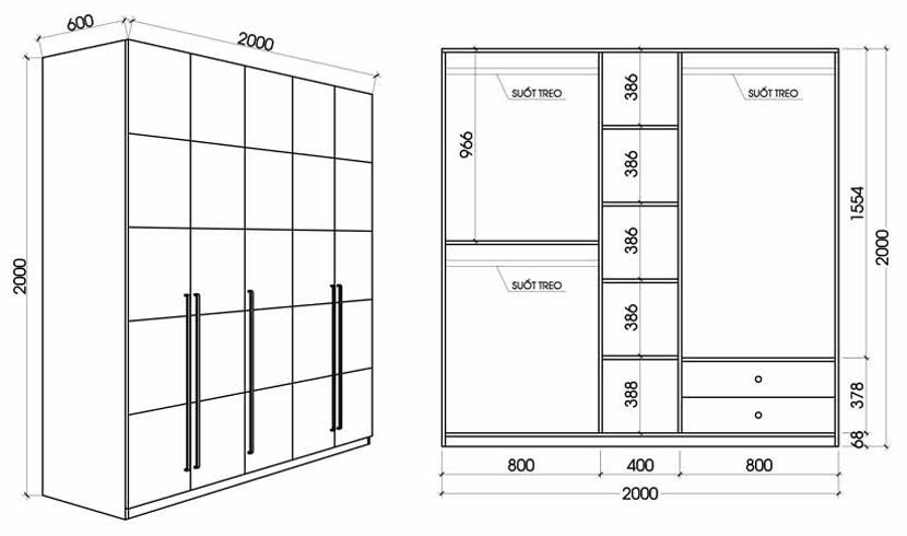 Kích thước tủ quần áo 4 cánh hiện đại, tiện lợi 2